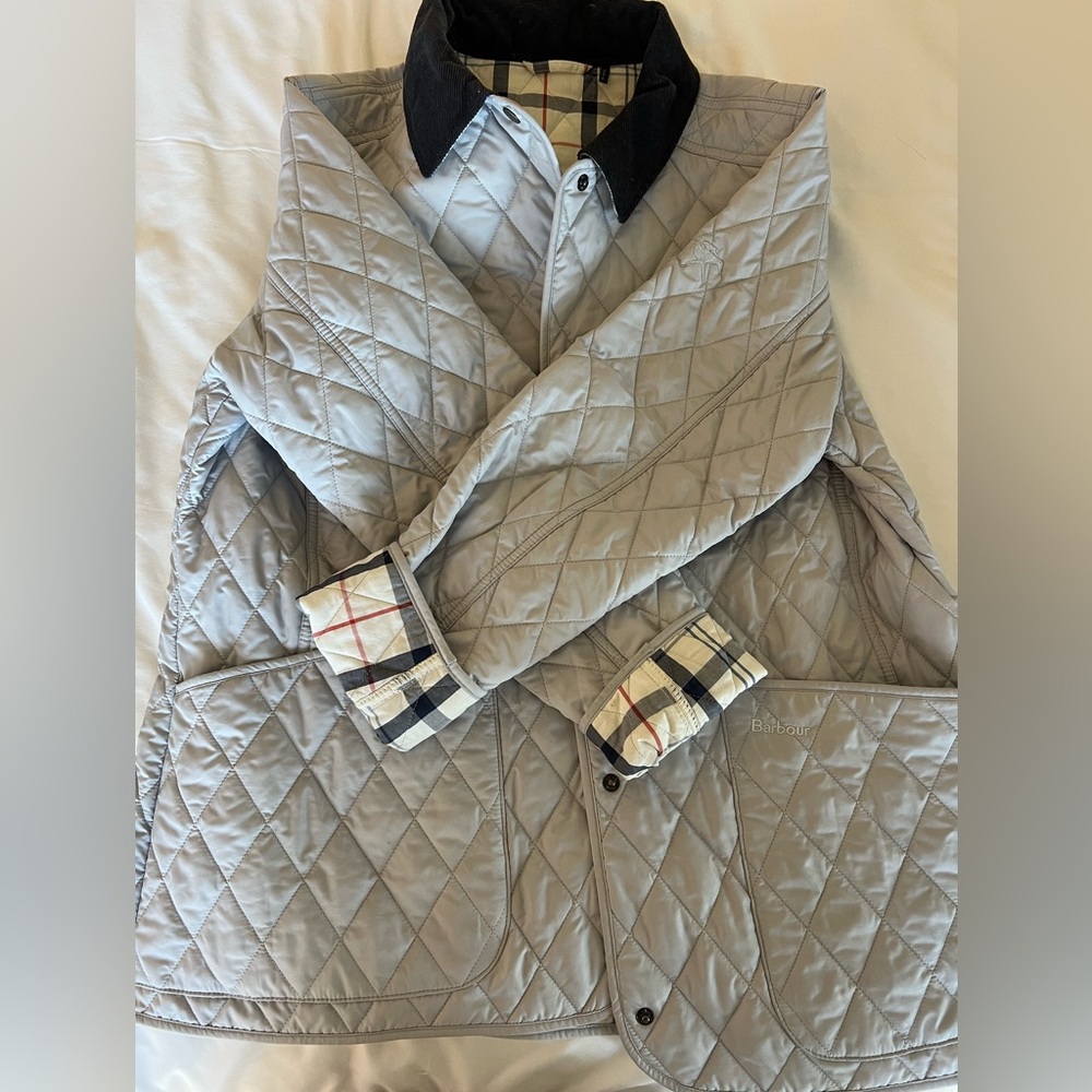 Barbour Light Blue Quilted Utility Jacket with Navy Collar - Picture 6 of 7